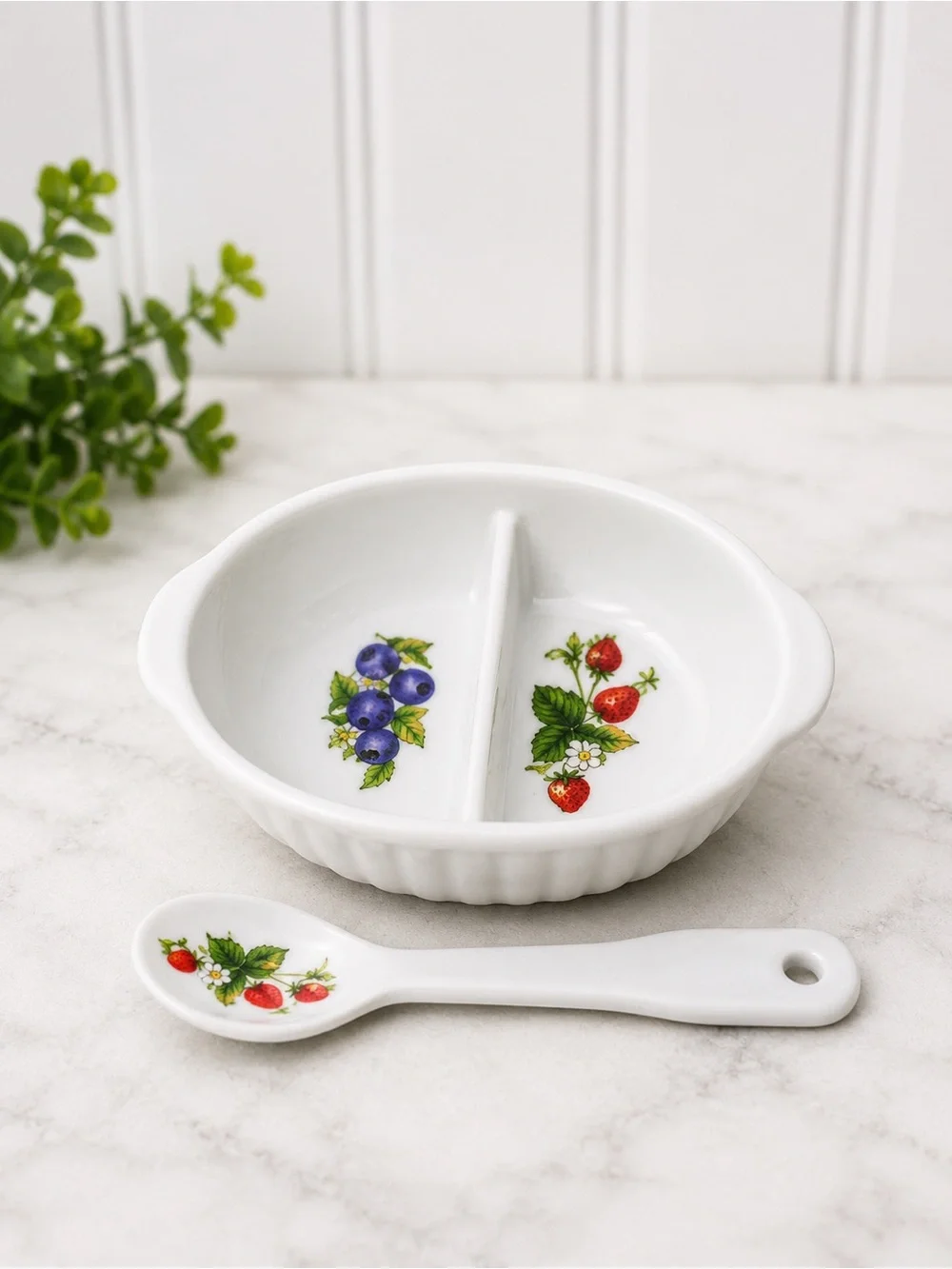 Vintage Made in Japan Porcelain Divided Berry Bowl & Spoon Hand Painted Fruit